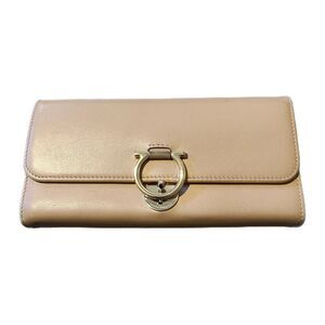 Salvatore Ferragamo Smooth Khaki Leather & Gold Gancini Fold Over Long Wallet